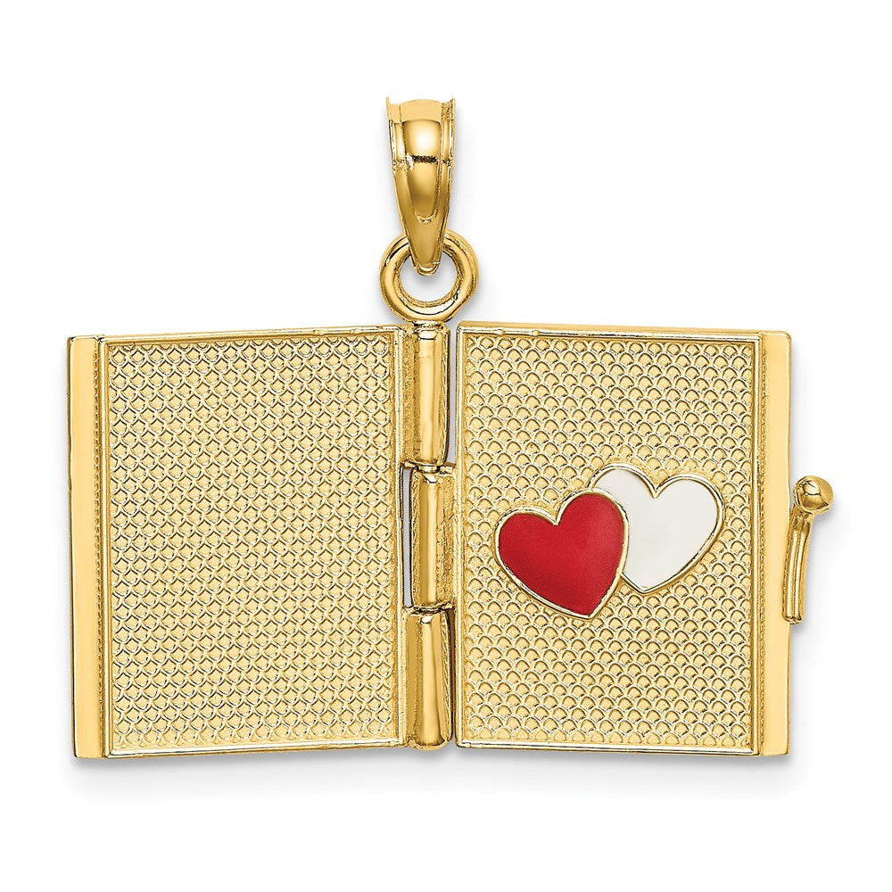 14K Gelbgold emaillierter 3D beweglicher „MY LOVE STORY“ Buch-Anhänger