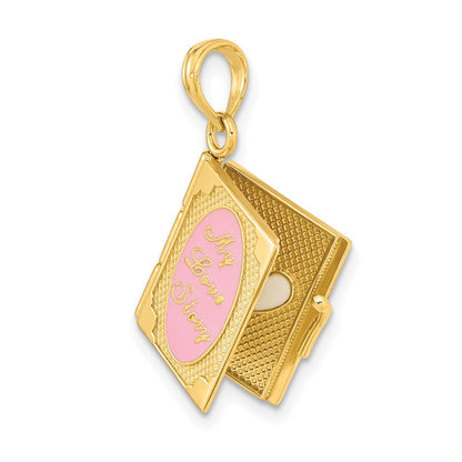 14K Gelbgold emaillierter 3D beweglicher „MY LOVE STORY“ Buch-Anhänger