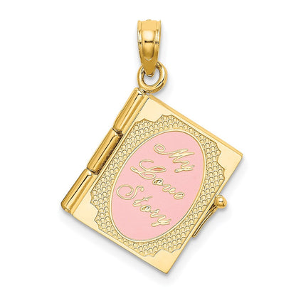 14K Gelbgold emaillierter 3D beweglicher „MY LOVE STORY“ Buch-Anhänger