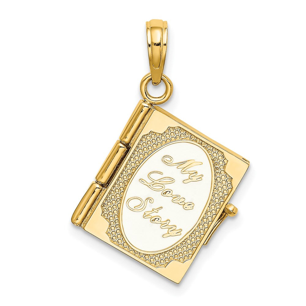 14K Gelbgold emaillierter 3D beweglicher „MY LOVE STORY“-Buch-Anhänger