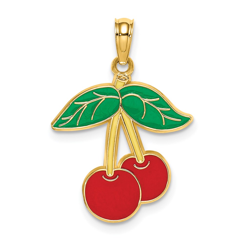 14K Gelbgold Cherries mit Emaille Blatt Charm
