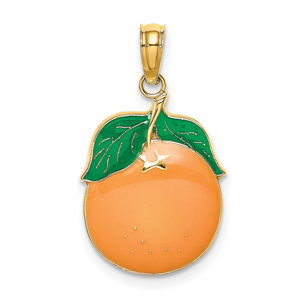 14K Gelbgold Emaille-Charm „Orange mit Stiel und Blatt