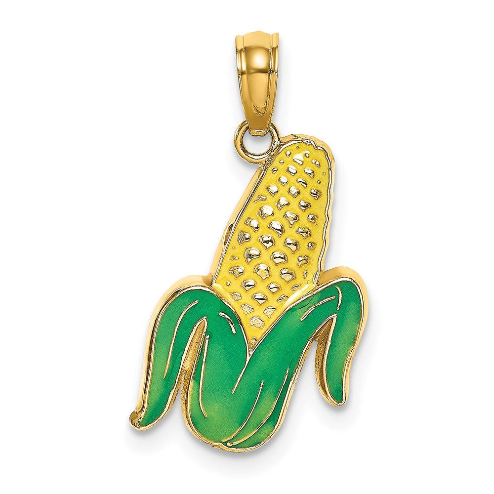 14K Gelbgold Emaille-Maiskolben-Charm mit geschälter Hülle