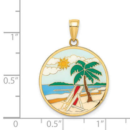 14k Gelbgold-Charm mit emaillierter Strandszene auf runder Scheibe