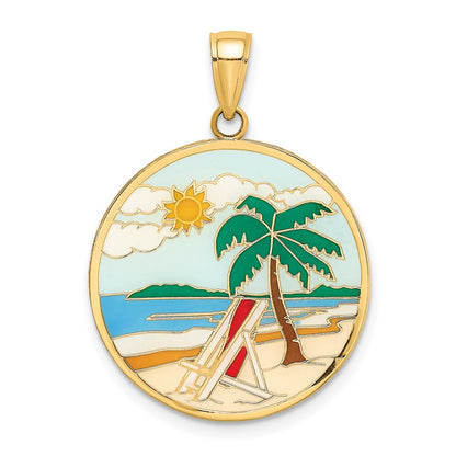 14k Gelbgold-Charm mit emaillierter Strandszene auf runder Scheibe
