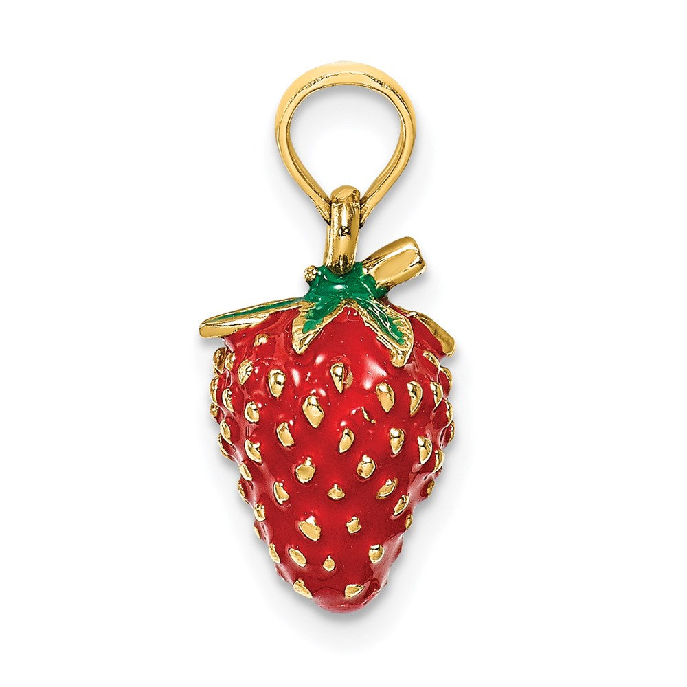 14K Gelbgold Charm mit Emaille, 3D-Erdbeere und Blatt