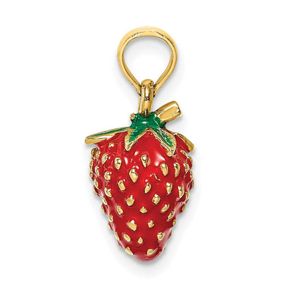 14K Gelbgold Charm mit Emaille, 3D-Erdbeere und Blatt