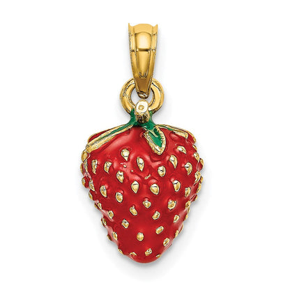 14K Gelbgold Charm mit Emaille, 3D-Erdbeere und Blatt