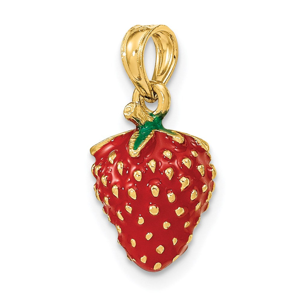14K Gelbgold Charm mit Emaille, 3D-Erdbeere und Blatt