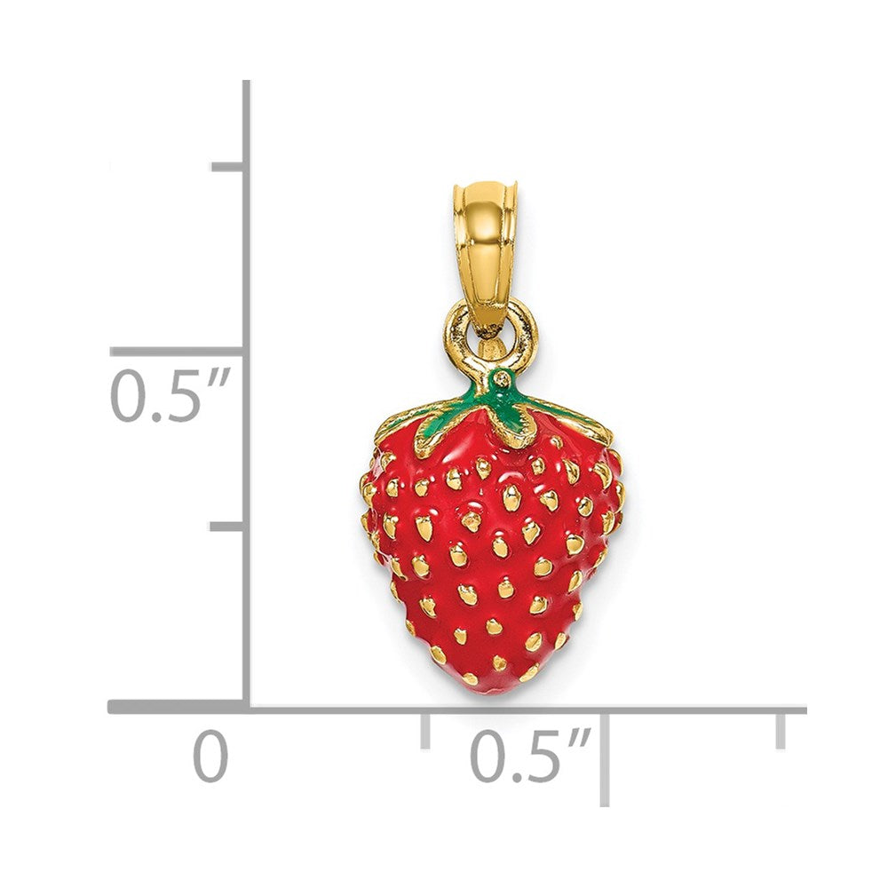 14K Gelbgold Charm mit Emaille, 3D-Erdbeere und Blatt