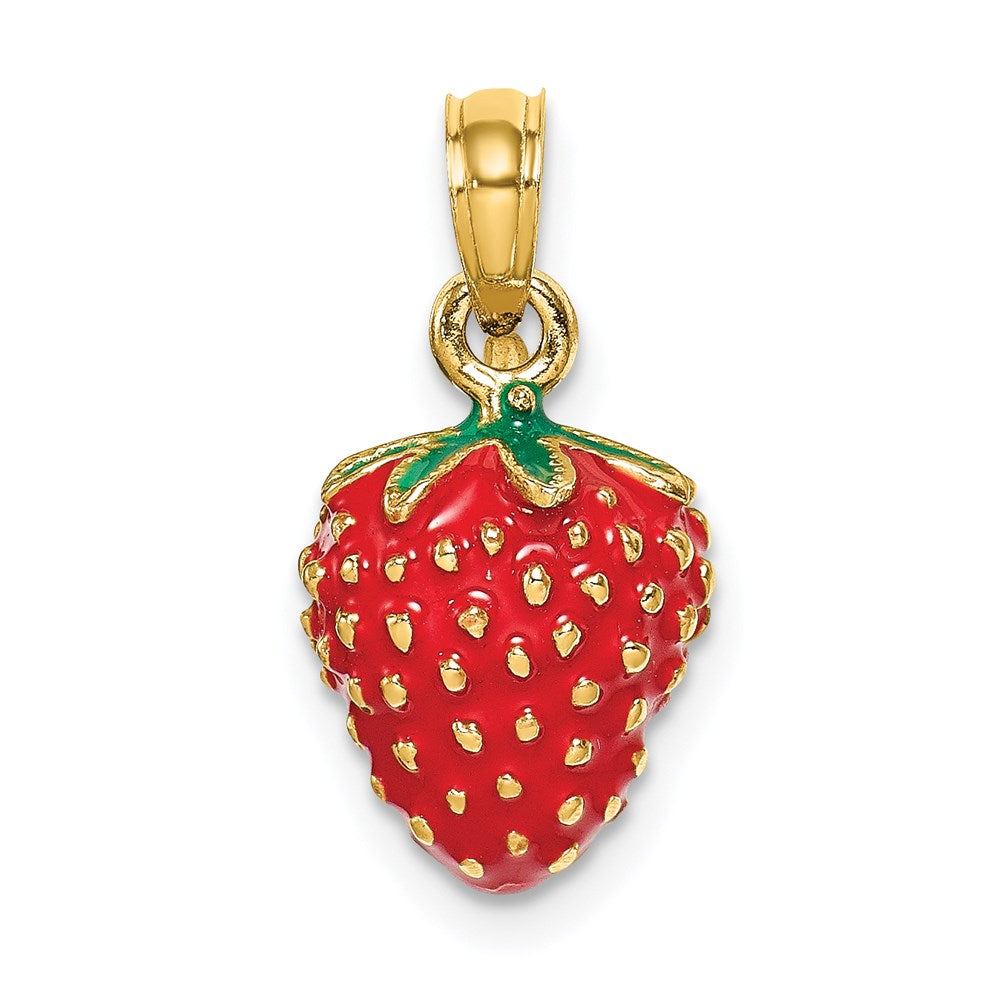 14K Gelbgold Charm mit Emaille, 3D-Erdbeere und Blatt