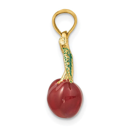 14K Gelbgold 3-D Emaille-Kirschen mit Blatt Charm