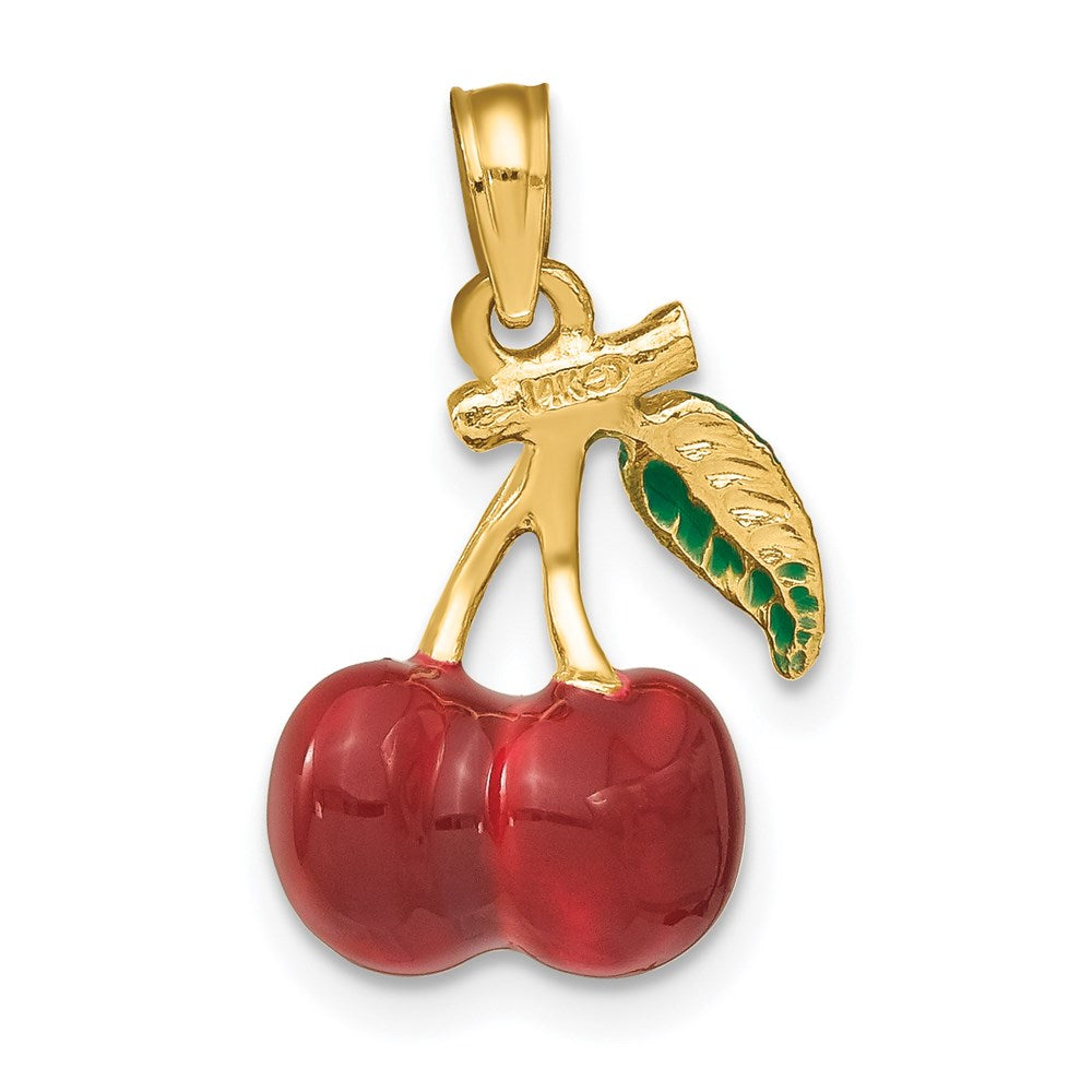 14K Gelbgold 3-D Emaille-Kirschen mit Blatt Charm