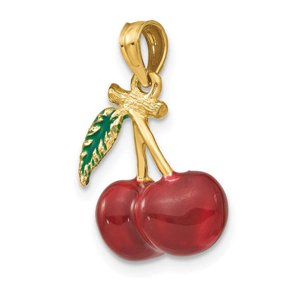 14K Gelbgold 3-D Emaille-Kirschen mit Blatt Charm
