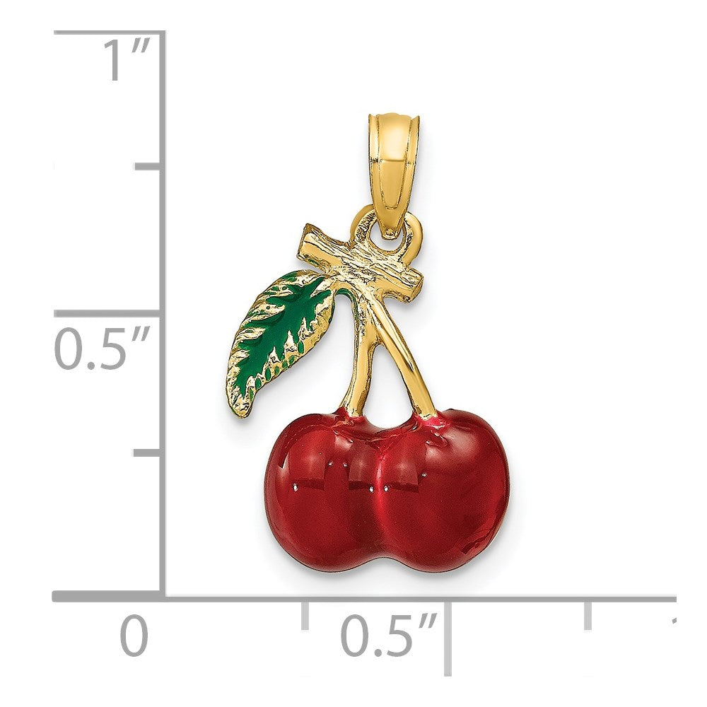 14K Gelbgold 3-D Emaille-Kirschen mit Blatt Charm