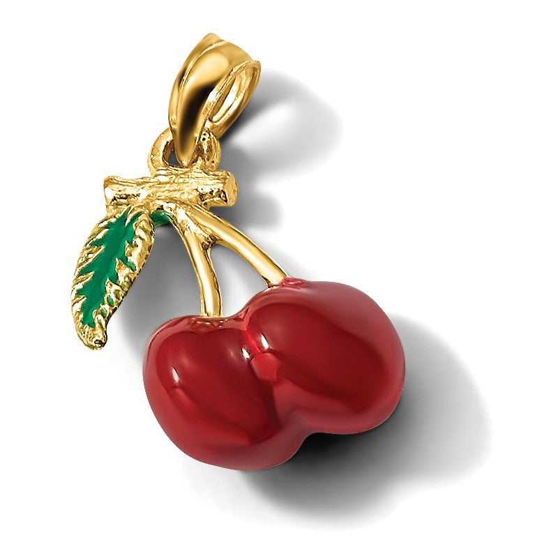 14K Gelbgold 3-D Emaille-Kirschen mit Blatt Charm