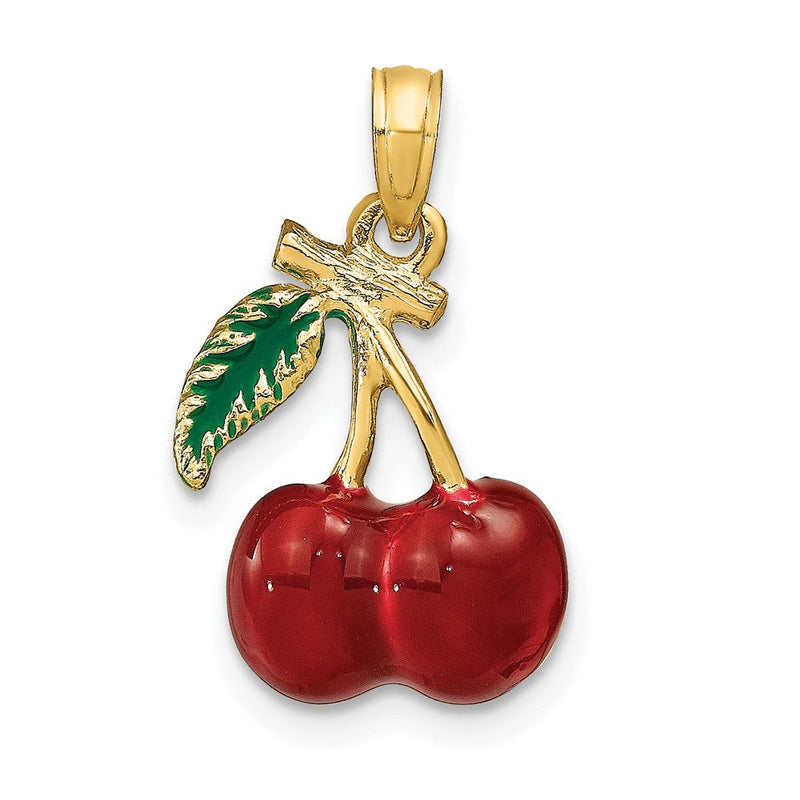 14K Gelbgold 3-D Emaille-Kirschen mit Blatt Charm