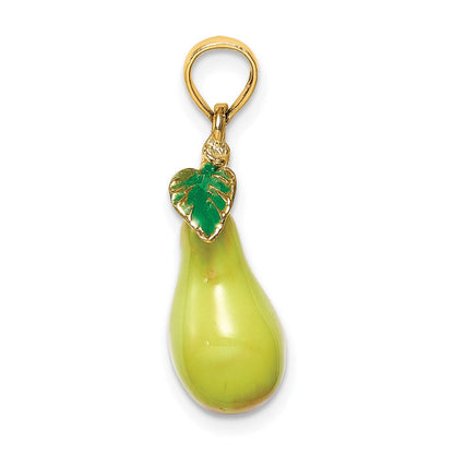 14K Gelbgold Charm „Birne mit Stiel und Blatt“, 3-D, mit Emaille