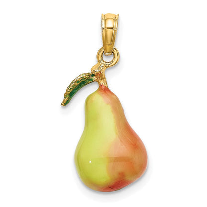 14K Gelbgold Charm „Birne mit Stiel und Blatt“, 3-D, mit Emaille