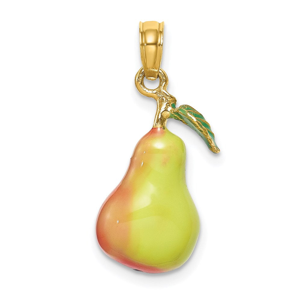 14K Gelbgold Charm „Birne mit Stiel und Blatt“, 3-D, mit Emaille