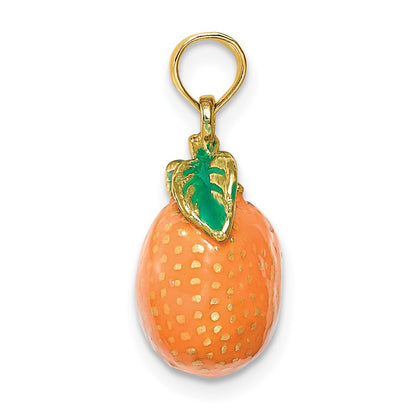 14K Gelbgold Charm mit Emaille, 3-D Orange mit Stiel und Blatt