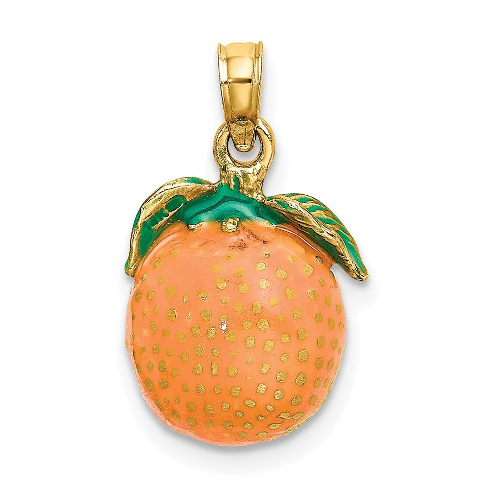 14K Gelbgold Charm mit Emaille, 3-D Orange mit Stiel und Blatt