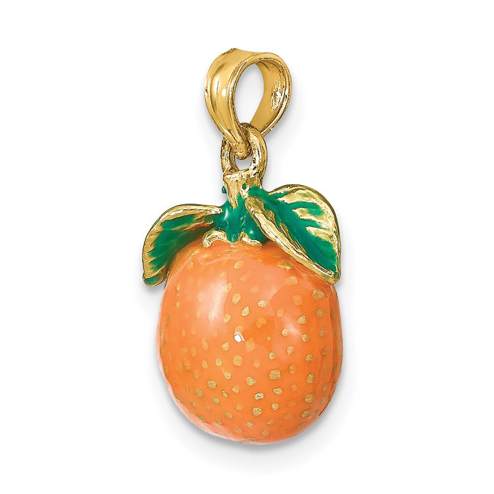 14K Gelbgold Charm mit Emaille, 3-D Orange mit Stiel und Blatt