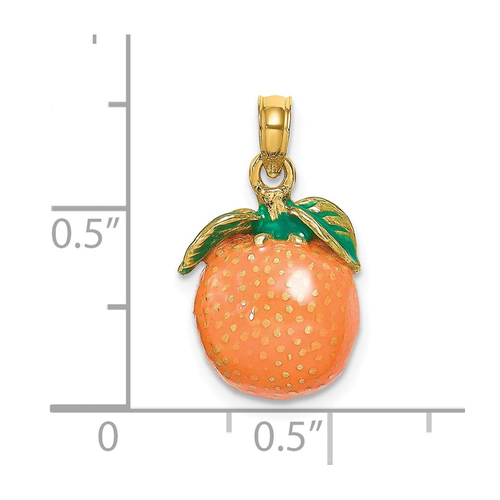 14K Gelbgold Charm mit Emaille, 3-D Orange mit Stiel und Blatt