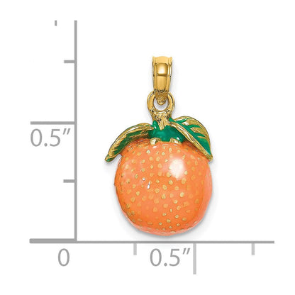 14K Gelbgold Charm mit Emaille, 3-D Orange mit Stiel und Blatt