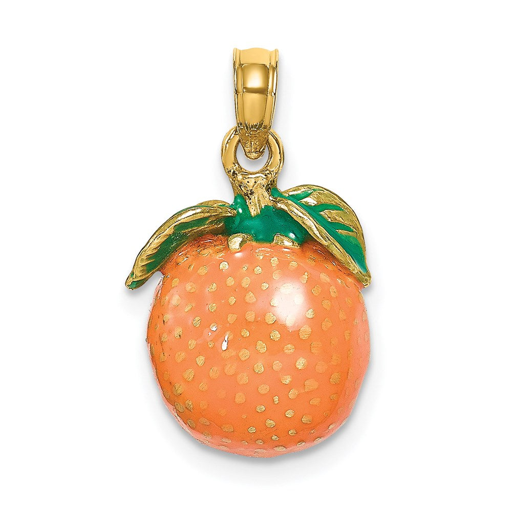 14K Gelbgold Charm mit Emaille, 3-D Orange mit Stiel und Blatt