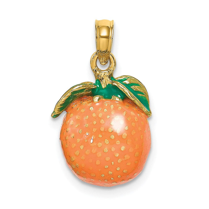 14K Gelbgold Charm mit Emaille, 3-D Orange mit Stiel und Blatt