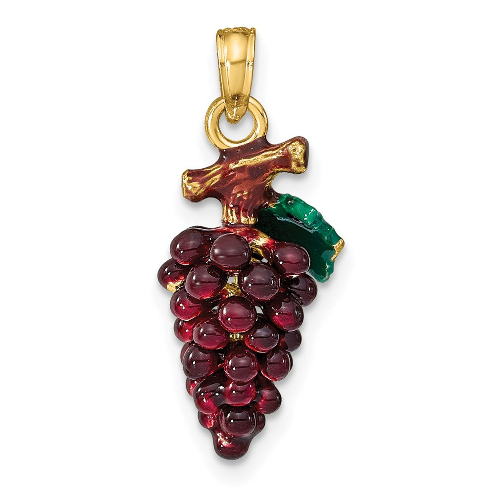 14K Gelbgold 3-d Emaille Lila Grapes mit Stem & Blatt