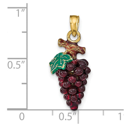 14K Gelbgold 3-d Emaille Lila Grapes mit Stem & Blatt