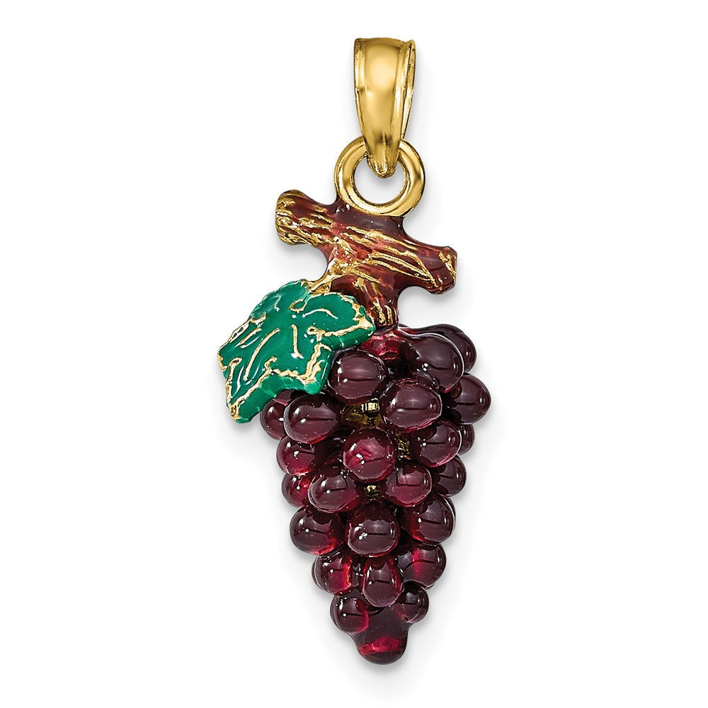 14K Gelbgold 3-d Emaille Lila Grapes mit Stem & Blatt