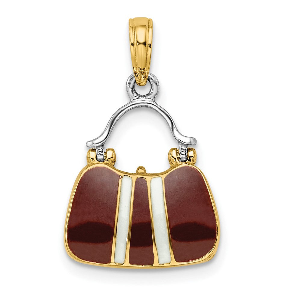 14K Gelbgold & Rhodium 3-D Geldbörsen-Charm zum Öffnen mit Kastanienbraun-Weiß-Emaillierung