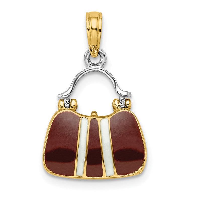 14K Gelbgold & Rhodium 3-D Geldbörsen-Charm zum Öffnen mit Kastanienbraun-Weiß-Emaillierung
