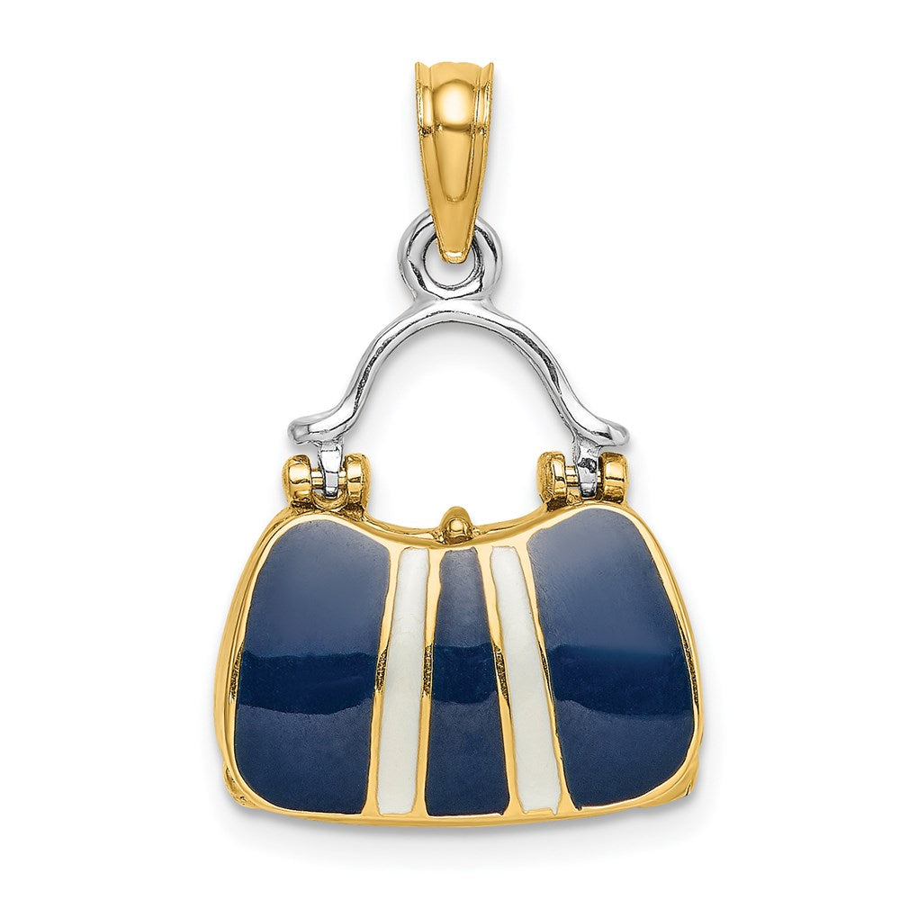 14K Gelbgold & Rhodium 3-D Marineblau Emaillierter Handtaschen-Charm zum Öffnen