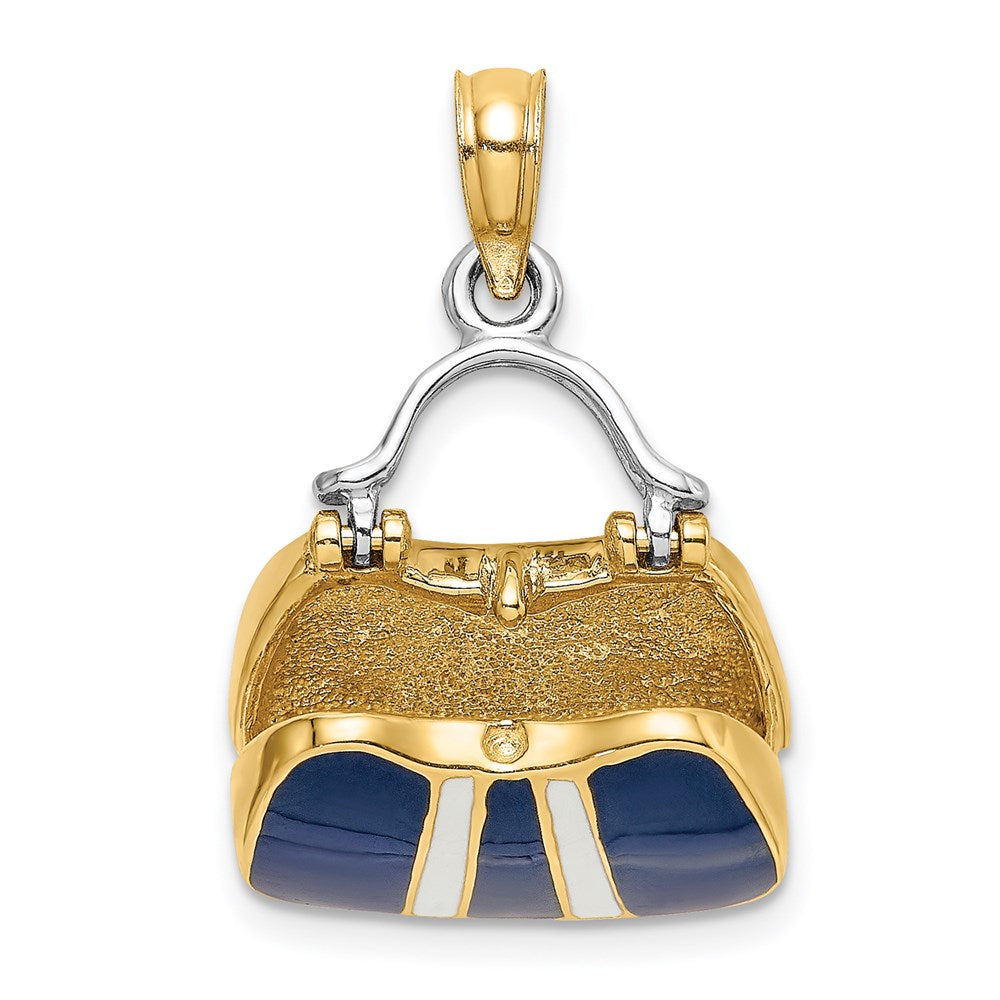 14K Gelbgold & Rhodium 3-D Marineblau Emaillierter Handtaschen-Charm zum Öffnen