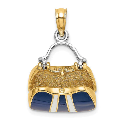 14K Gelbgold & Rhodium 3-D Marineblau Emaillierter Handtaschen-Charm zum Öffnen