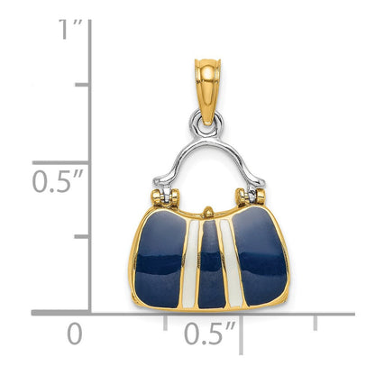 14K Gelbgold & Rhodium 3-D Marineblau Emaillierter Handtaschen-Charm zum Öffnen