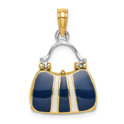 14K Gelbgold & Rhodium 3-D Marineblau Emaillierter Handtaschen-Charm zum Öffnen