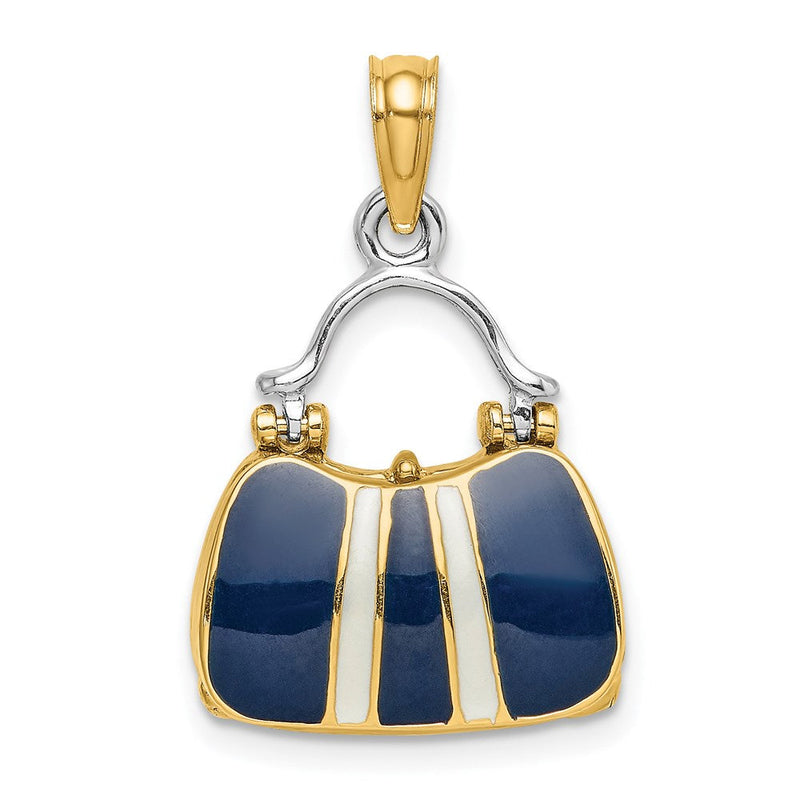 14K Gelbgold & Rhodium 3-D Marineblau Emaillierter Handtaschen-Charm zum Öffnen