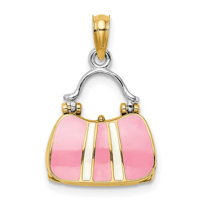 14K Gelb- und Rhodiumgold 3-D-Handtaschen-Charm mit Emaille zum Öffnen