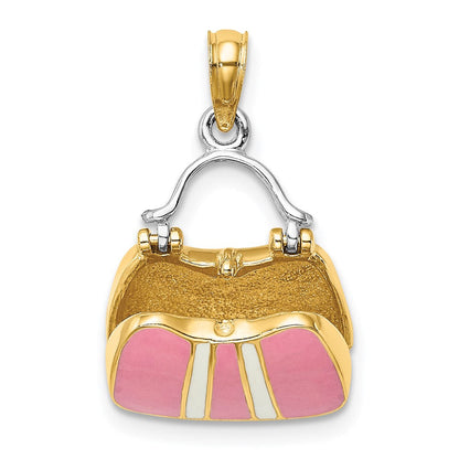 14K Gelb- und Rhodiumgold 3-D-Handtaschen-Charm mit Emaille zum Öffnen