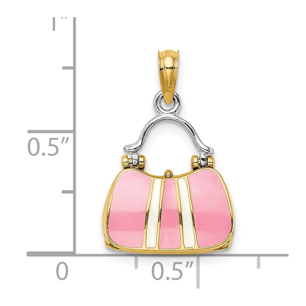 14K Gelb- und Rhodiumgold 3-D-Handtaschen-Charm mit Emaille zum Öffnen