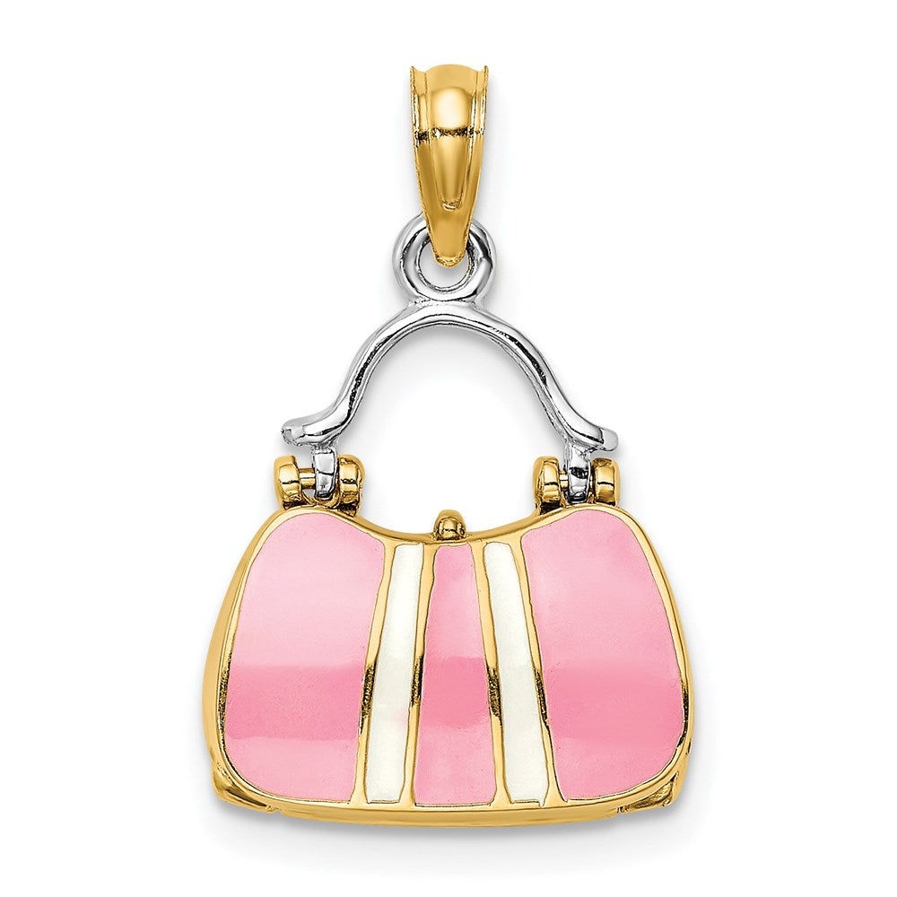 14K Gelb- und Rhodiumgold 3-D-Handtaschen-Charm mit Emaille zum Öffnen