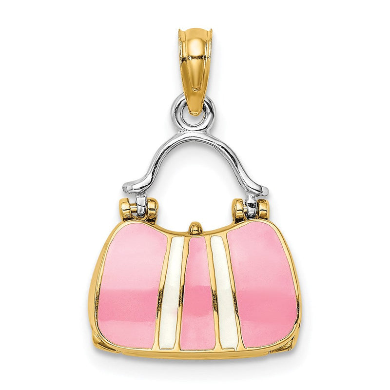 14K Gelb- und Rhodiumgold 3-D-Handtaschen-Charm mit Emaille zum Öffnen
