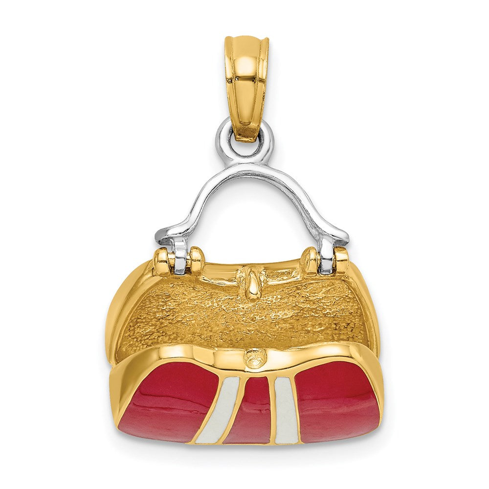 14 Karat Gelbgold und Rhodium 3-D roter emaillierter Handtaschen-Charm zum Öffnen