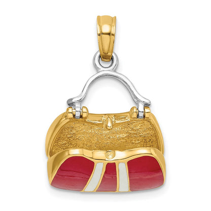14 Karat Gelbgold und Rhodium 3-D roter emaillierter Handtaschen-Charm zum Öffnen