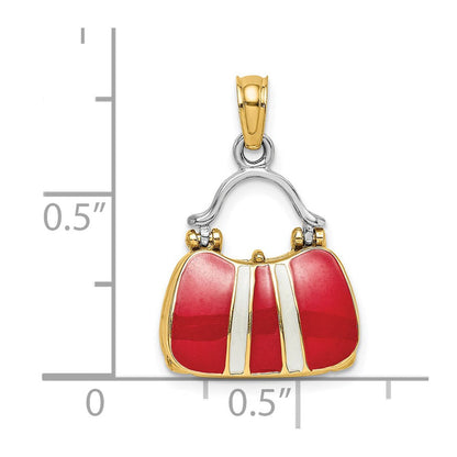 14 Karat Gelbgold und Rhodium 3-D roter emaillierter Handtaschen-Charm zum Öffnen